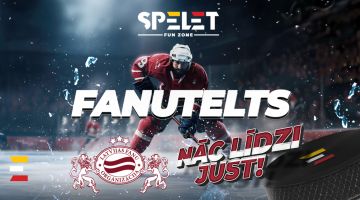 Hokeja skaļākie atbalstītāji tiekas Spēlēt Fun Zone HOKEJA FANU TELTĪ
